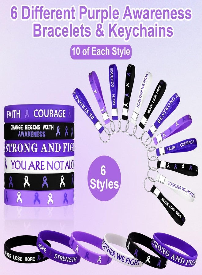 Furbeko 60 Sets Purple Domestic Violence Pancreatic Cancer Awareness Gifts Bracelets Silicone Keychains Bulk Lupus Epilepsy Alzheimer's Hope Faith Courage Wristbands for Overdose Eating Disorders - Image 3